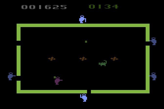 A screenshot of ROOM OF DOOM with five blue gunmen, a purple gunmen (you) and a green lizard
