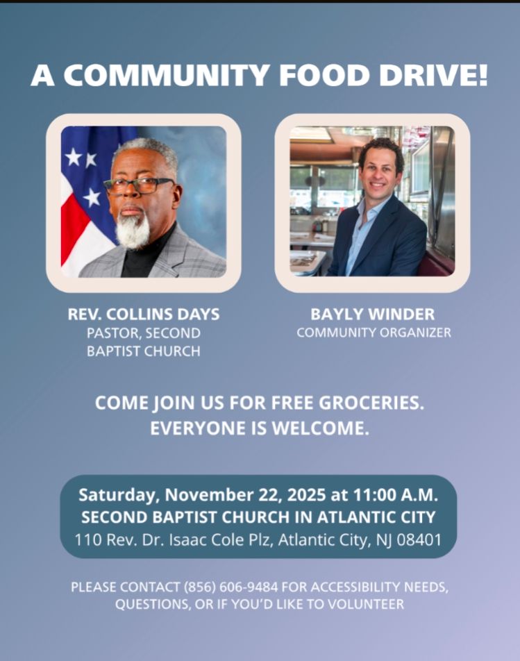 Flyer for community food drive in Atlantic City: 110 Rev Dr Issac Cole Plaza, Atlantic City NJ Saturday Nov 22nd at 11 am