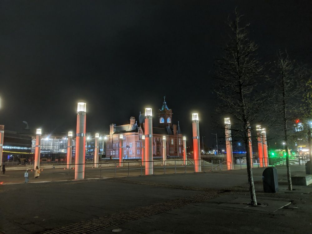 The Pierhead Building in Cardiff Bay at night