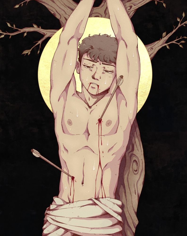 Illustration depicting the martyrdom of Saint Sebastian. In the image, a man is bound to a tree trunk with his arms tied above his head. He is nearly naked, sweating, and has an expression of pain. Two arrows pierce his body — one in the chest and another in the abdomen — with blood running down. In the background, there is a halo that contrasts with the dark backdrop.

PT-BR: Ilustração retratando o martírio de São Sebastião. Na imagem, há um homem preso a um tronco de árvore, com os braços amarrados acima da cabeça. Ele está seminu, suando e com expressão de dor. Duas flechas o atingem no corpo — uma no peito e outra no abdômen — e sangue escorrendo. Ao fundo, há uma auréola, contrastando com o fundo escuro.