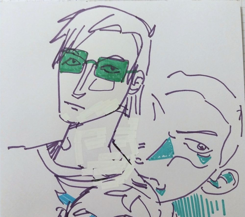 Doodles of my OCs: Charlie (left) and Io (right). Charlie's wearing a pair of glasses with green lenses.