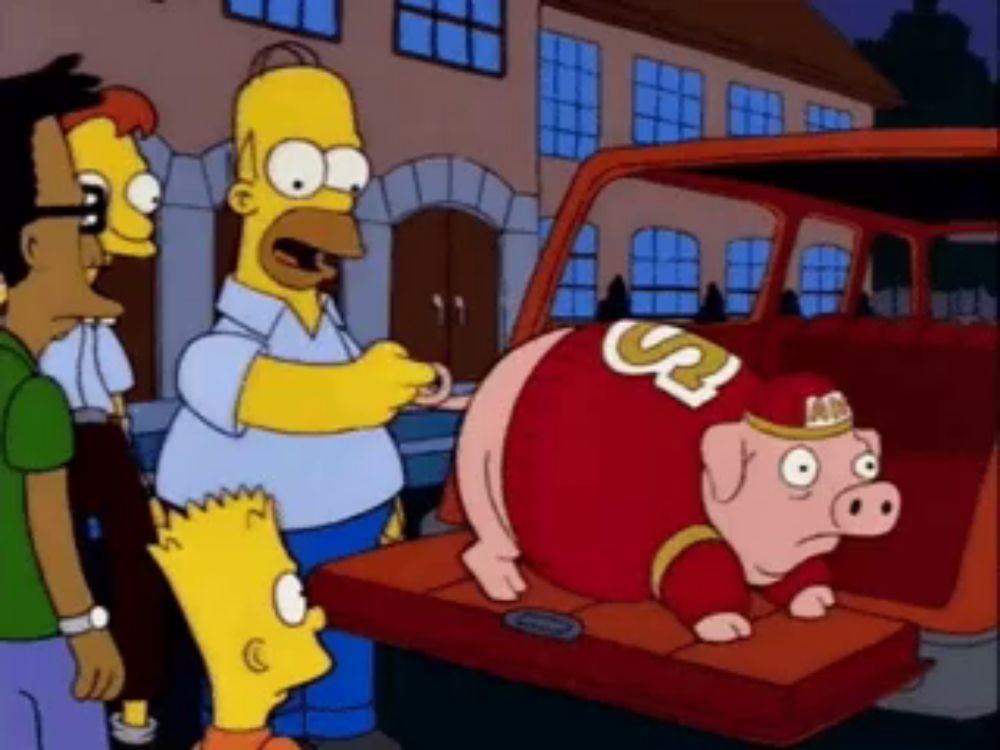 a cartoon of homer simpson and bart simpson standing next to a pig with the letter s on his back