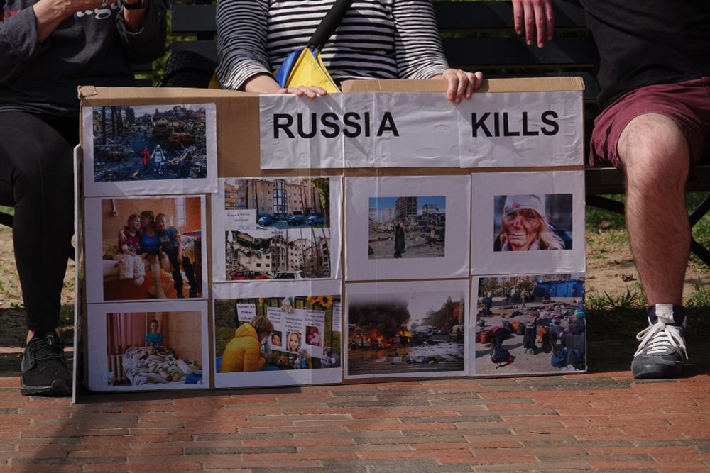 Sign depicts the devastation caused by Russia in Ukraine