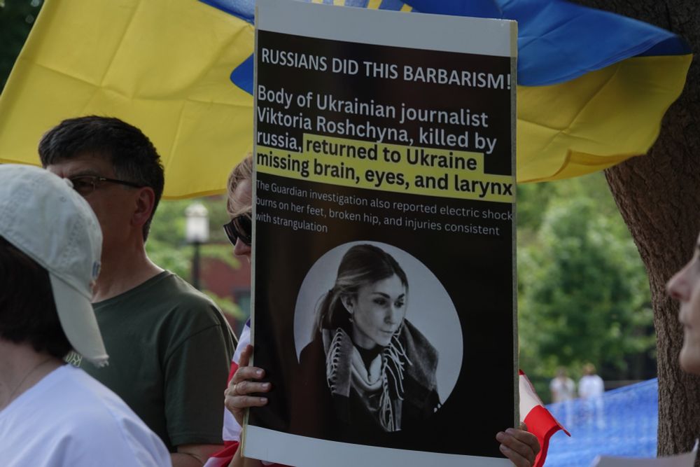 Sign depicts Viktoria Roshchyna, Ukranian journalist who was tortured and killed while in Russian captivity