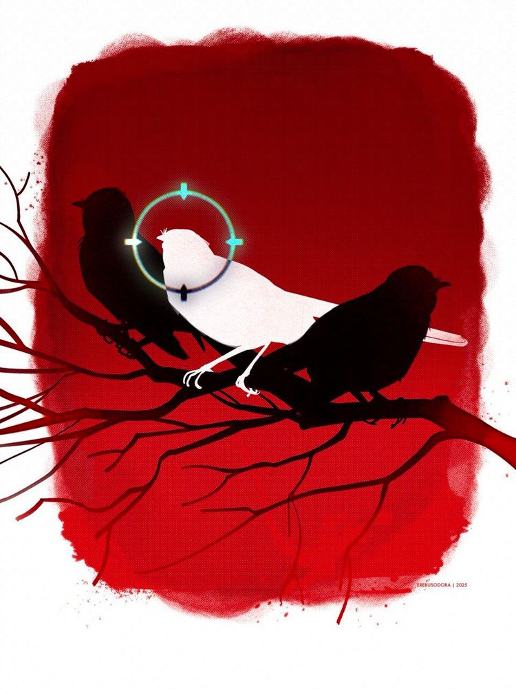 simplistic picture of three silhouettes northern mockingbirds on a bare tree branch, two of them and the branch are black, one mockingbird is white, and there's a halo shape suggesting that the bird is being aimed at; the background is deep, textured red 