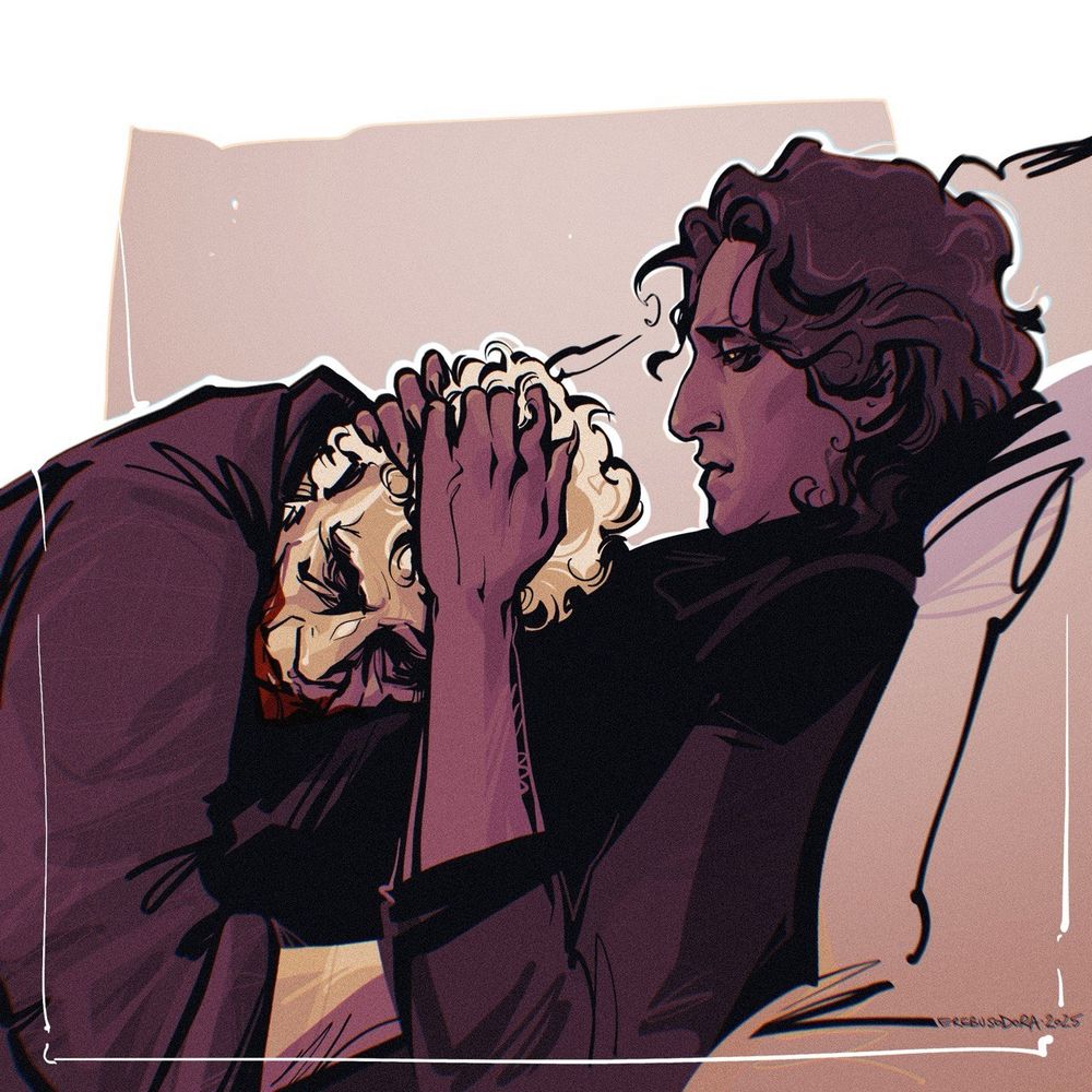 a mostly monochrome sketch in warm tones depicting Daniel Molloy as portrayed by Eric Bogosian and vampire Armand as portrayed by Assad Zaman cuddling on a sofa, suggesting this is the moment after the first feeding of the fledgling from his maker; there's blood streaks on Daniel's face; Daniel is hugging Armand's midsection while lying on top of him, Armand is looking at him fondly while caressing Daniel's hair; the pose is most definitely based on a romantic gif the op saw somewhere and sketched with sticks and circles, but so far the op can't find the gif and is very sorry about that