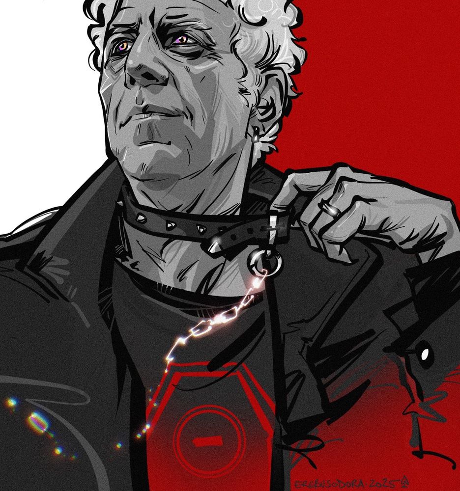 a greyscale + red digital drawing of Daniel Molloy as portrayed by Eric Bogosian wearing a leather jacket, Type O Negative t-shirt, and a collar with a disintegrating shiny reddish coloured chain with broken links
