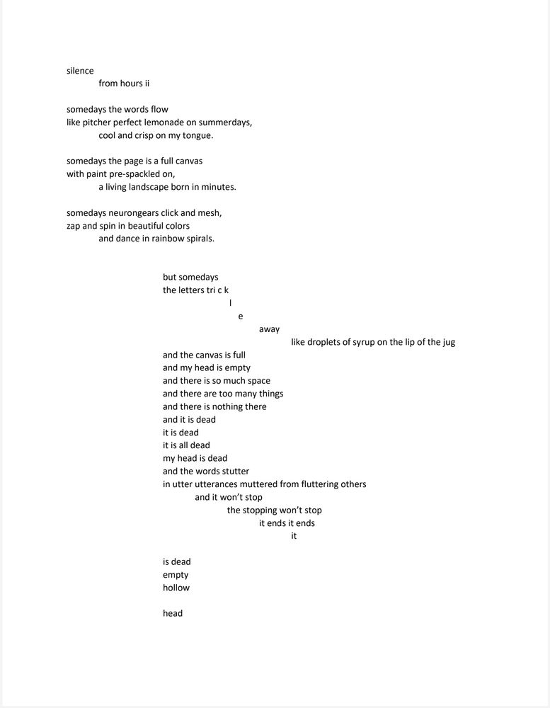 silence

somedays the words flow
like pitcher perfect lemonade on summerdays,
cool and crisp on my tongue.
somedays the page is a full canvas
with paint pre-spackled on,
a living landscape born in minutes.
somedays neurongears click and mesh,
zap and spin in beautiful colors
and dance in rainbow spirals.
but somedays 
the letters tri c k
l
 e
away
like droplets of syrup on the lip of the jug
and the canvas is full
and my head is empty
and there is so much space
and there are too many things
and there is nothing there
and it is dead
it is dead
it is all dead
my head is dead
and the words stutter
in utter utterances muttered from fluttering others
and it won’t stop
the stopping won’t stop
it ends it ends
it
is dead
empty
hollow
head