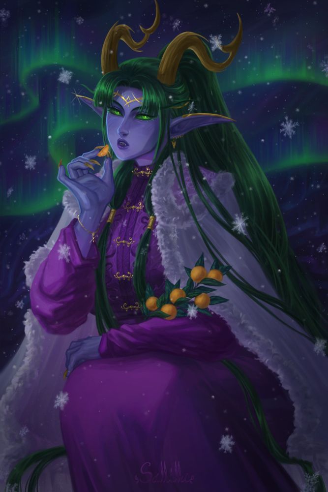 A night elf looking lady enjoys a delightful little tangerine and holds a comically small tangerine branch. It is snowing brrrrrrrr