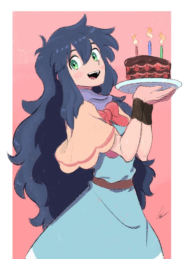 Doodle of Ria holding a chocolate cake