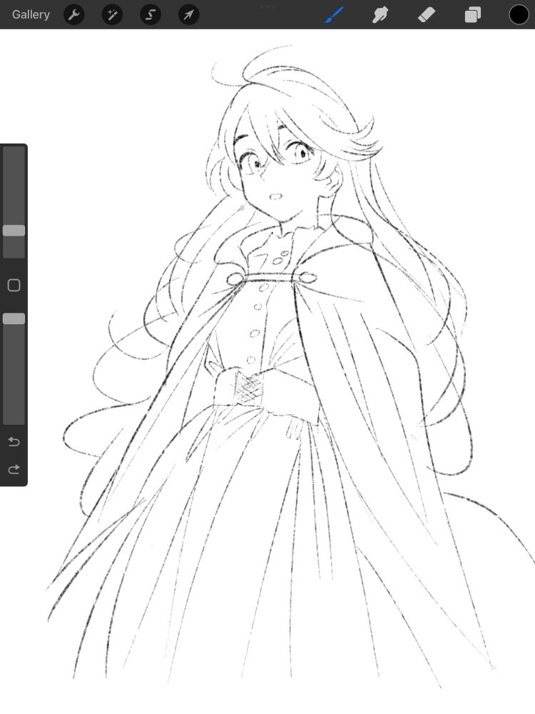 A sketch depicting a young woman wearing a cloak and dress 