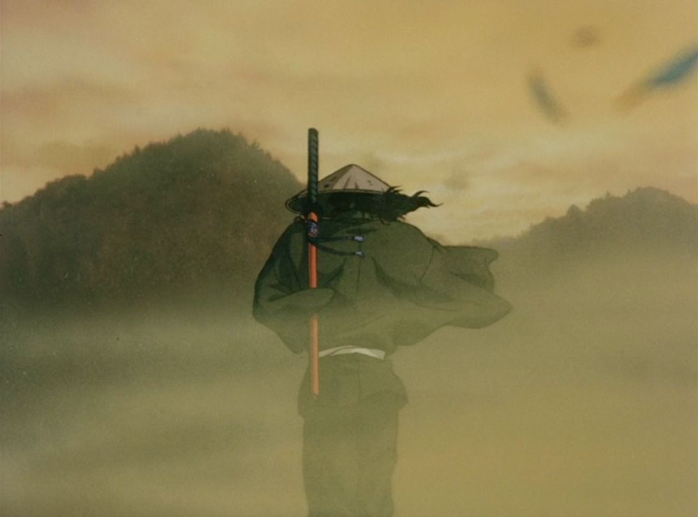 Still image from Ninja Scroll, showing a lonesome warrior's back, moving out of viewer's range.