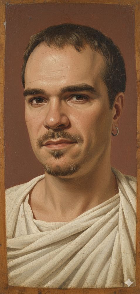 Imagem gerada por inteligência artificial, transformando uma foto minha em uma gravura ao estilo dos encontrados em sepultamentos egipto-romanos na cidade de Fayum, no Egito.