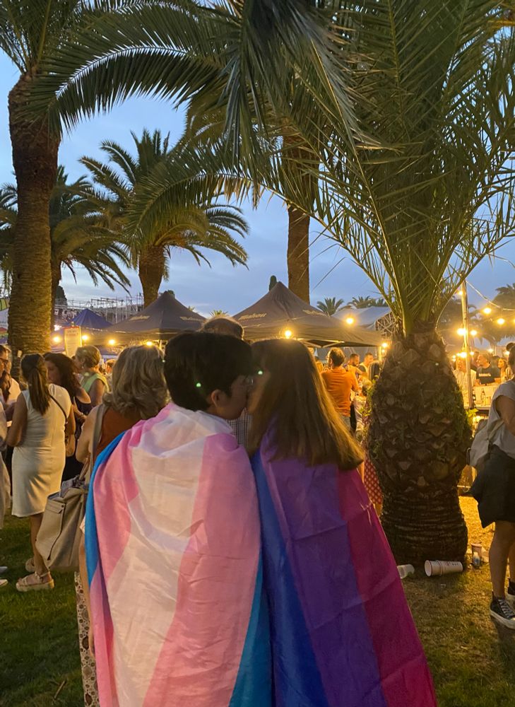 A picture of me and my boyfriend kissing, he’s wearing a trans flag and I’m wearing a bisexual flag. There are trees, people and light bulbs on the background 