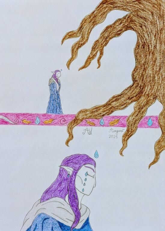A drawing divided into two panels. On the top panel is drawn an imposing but withered tree, its branches bending backward. Facing it is Nienna, Vala of grief and pity. She is depicted as a tall woman with a long dress or cloak with a hood she is pulling off, revealing her face, long hair and long pointed ears. Her head is tilted downward, with a seemingly pensive facial expression and closed eyes. The two panels are separated by a middle section with swirly motifs, dead leaves and stylized tears, crossed by the roots of the tree. These roots go down into the bottom panel, where is drawn a close-up on Nienna’s profile, drawn in a stylized style.  Her head is still tilted downward, but now tears are running from her closed eyes down her cheek.