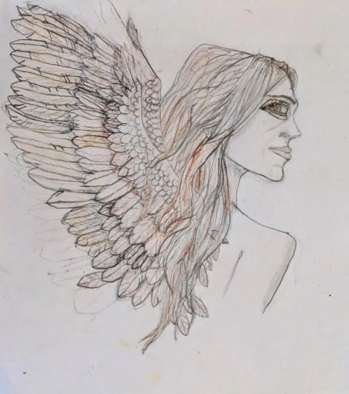 An old drawing (from the late 2000) of a feminine presenting anthropomorphic angel: a humanoid with brown feathery wings, big light brown eyes and long wavy brown hair. They're looking behind their back.