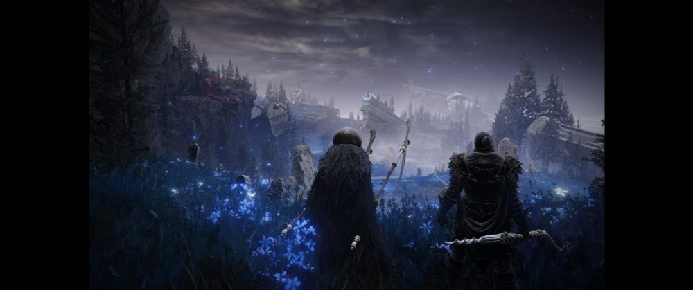 Deux personnages d'Elden Ring de dos devant un paysage somptueux, le sol est couvert de fleurs bleues au loin on voit des  ruine de bâtiments et des pierres tombales géantes? Le ciel est nuageux mais on peut voir des lucioles bleues qui volent
