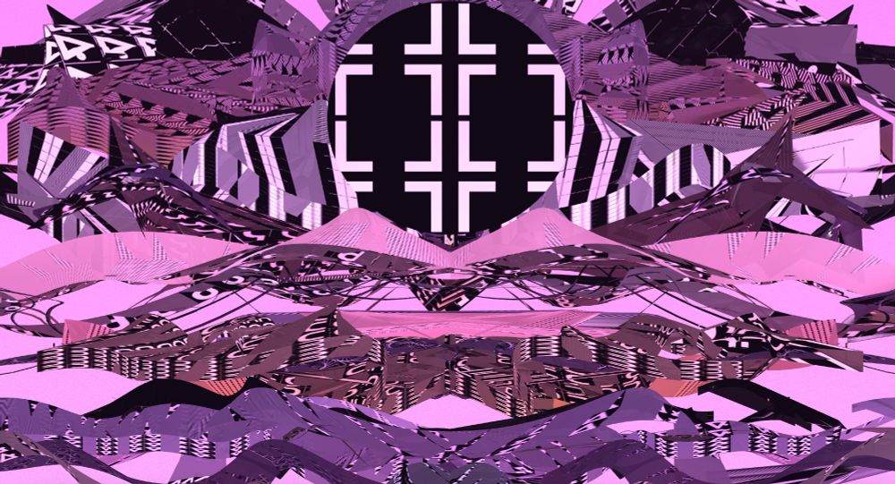 A generated image of a landscape, if the landscape was broken apart and covered with pink and purple glyphs.