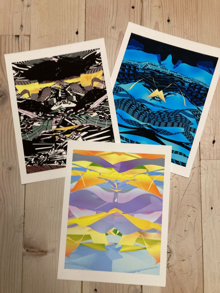 3 printed pieces from lucastswick's upcoming generative art collection, Letters of Resilience. One print is complex with low saturated colors mixed in with monochrome, another is predominately blue, and the third is brightly colored, showcasing the color palette generation feature of the script.