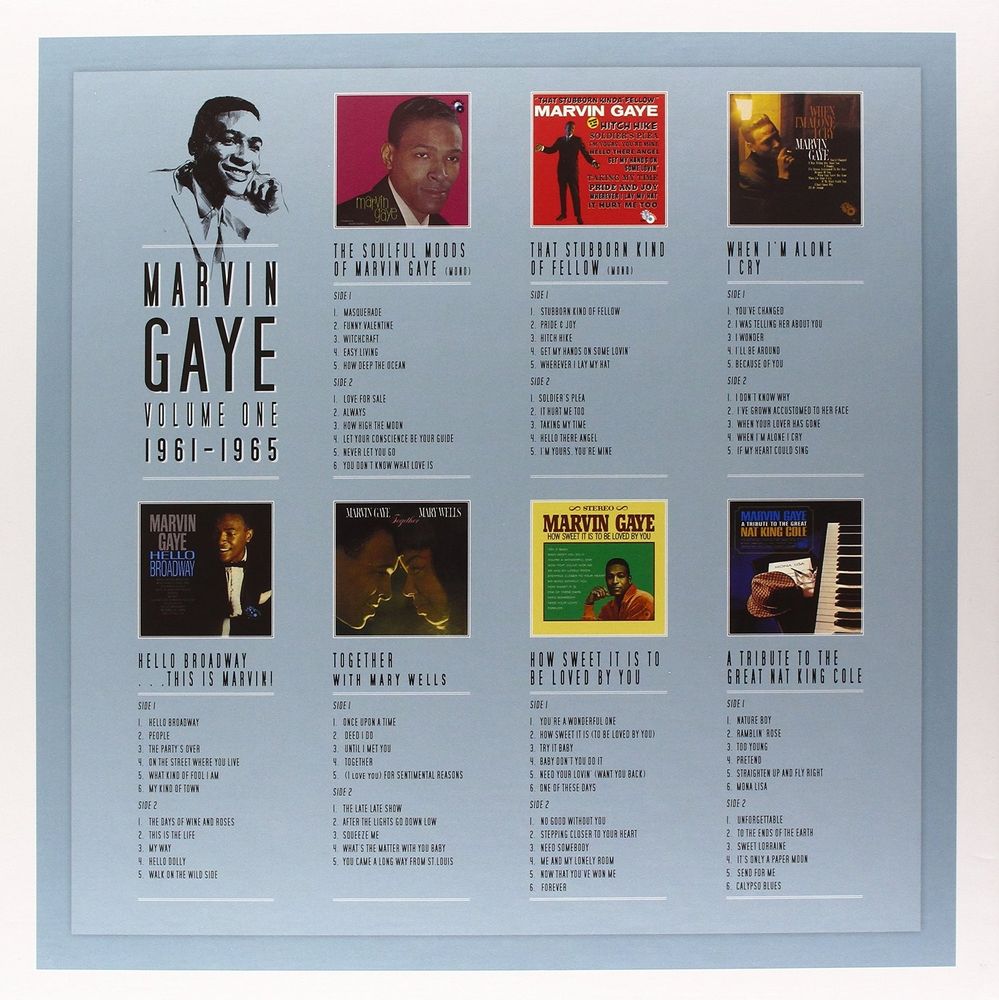 Back cover of Marvin Gaye Volume One 1961-1965, listing the albums included, which are:
The Soulful Moods Of Marvin Gaye
That Stubborn Kinda Fellow
When I'm Alone I Cry
Hello Broadway...This Is Marvin!
Together With Mary Wells
How Sweet It Is To Be Loved By You
A Tribute To The Great Nat King Cole