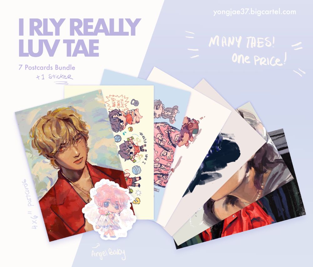 Text says ‘I really really love Tae” is a 7 postcard bundle and includes 1 angel tae sticker. It depicts a preview of 7 different Tae print designs and a vinyl sticker 