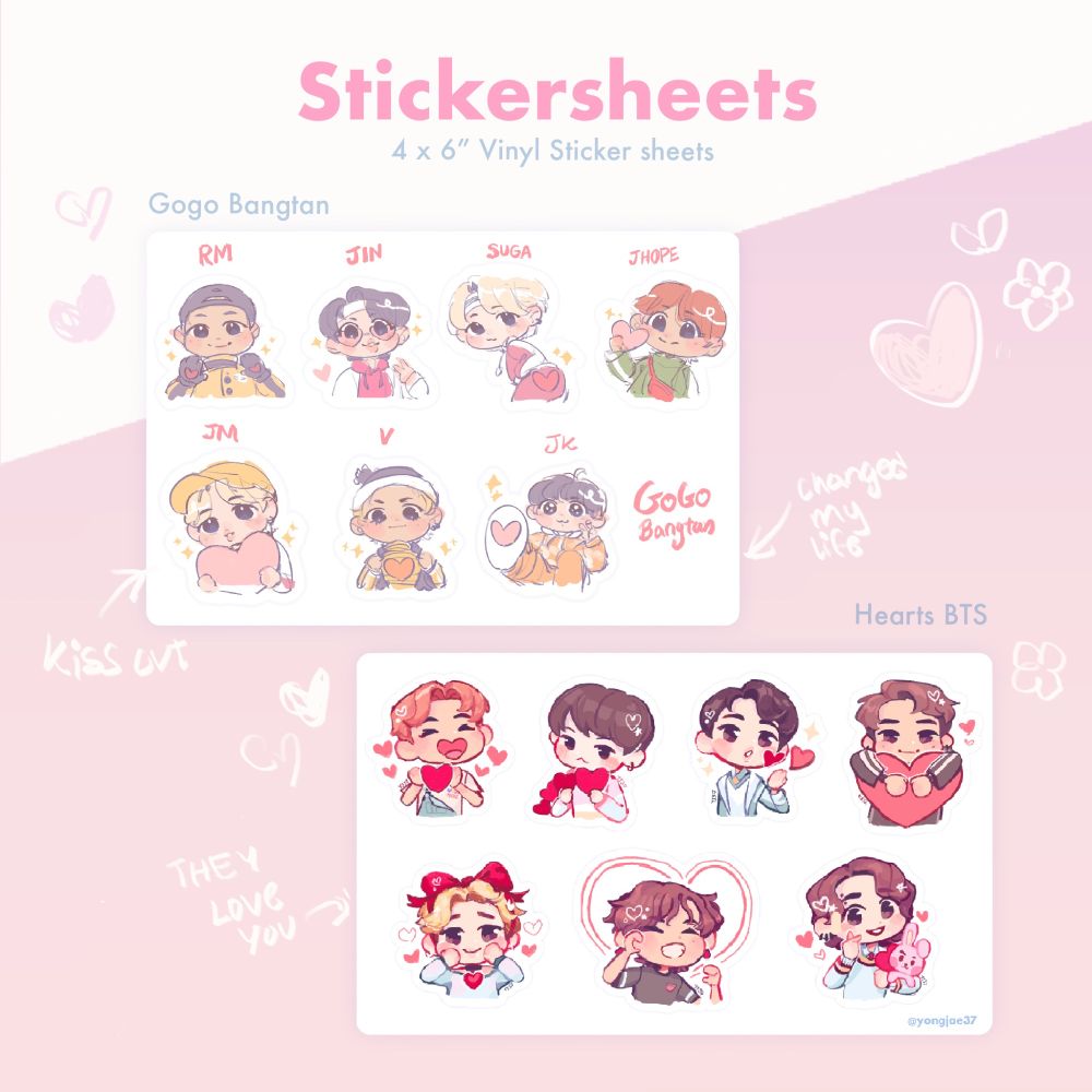 Depicts two vinyl sticker sheet designs, one of bts gogo hearts performance and one of bts holding hearts or making finger hearts 