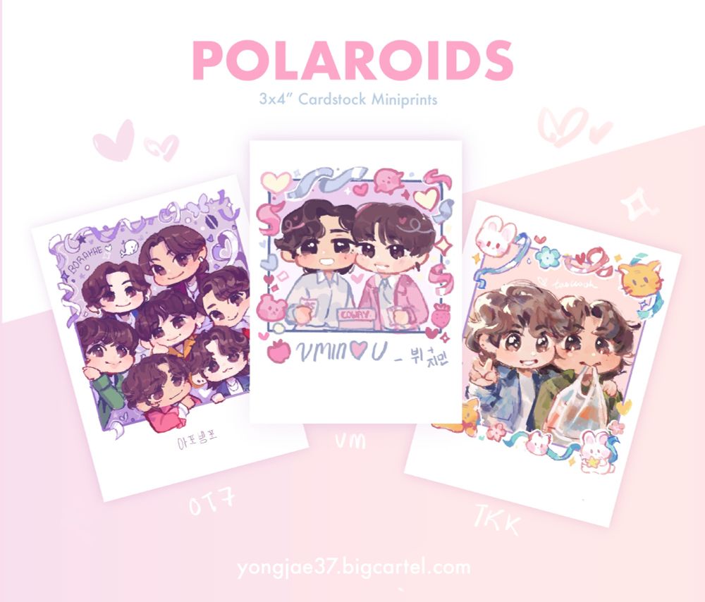 Txt says:Polaroids  - 3x4” cardstock mini prints
Shows 3 Polaroid designs featuring a purple ot7 print, a vmin print and a taekook print 