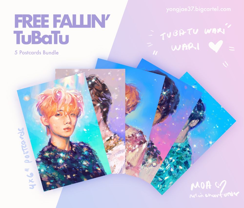 Text says: free falling tubatu. 
Tubatu wari wari 
Depicts a preview of 5 txt members in their gravity concept photo designs fan art 