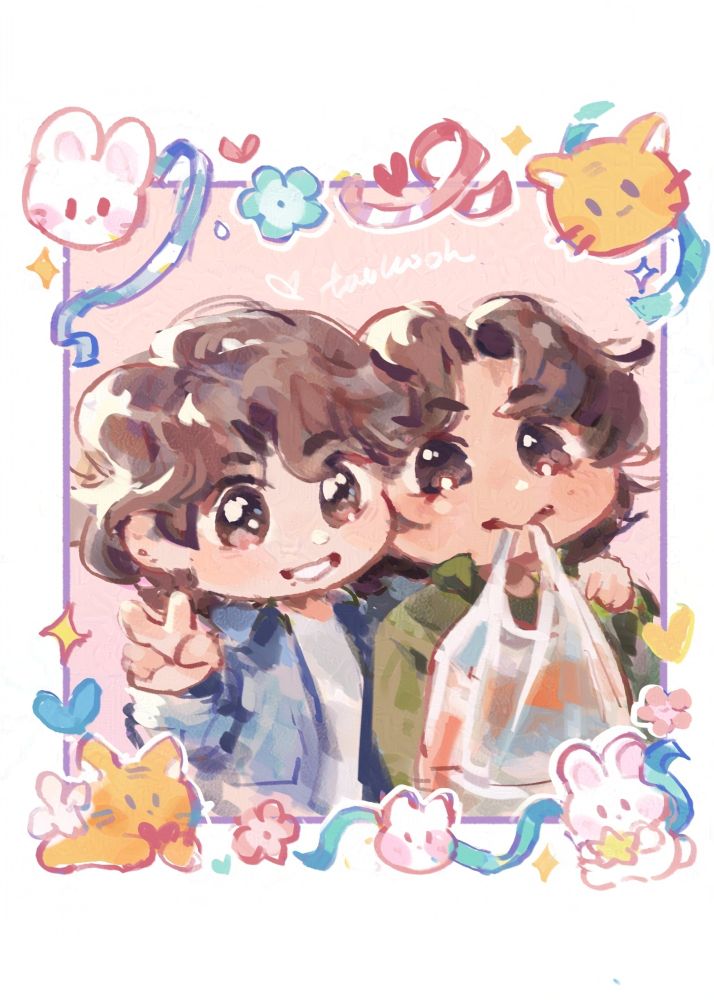 POlaroid style print of taekook ! tae with a bag in his mouth and kook with his dora hair and a peace sign
