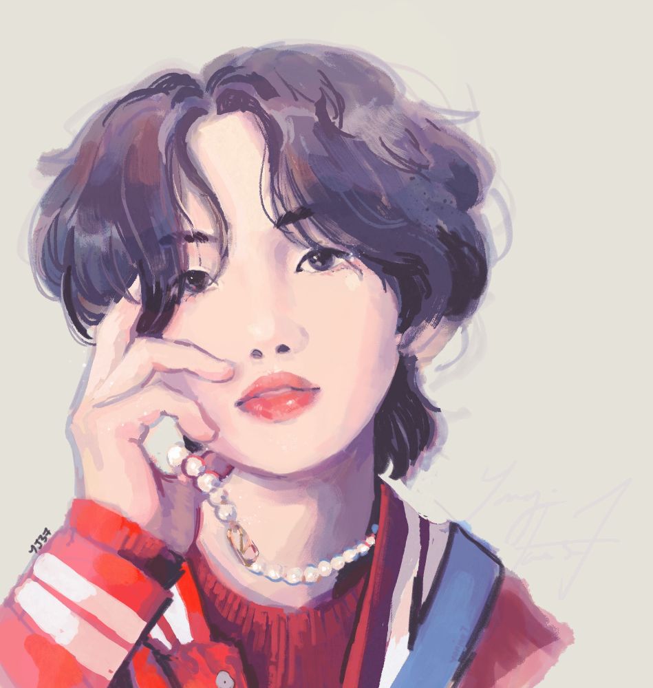 Portrait study of yoongi for Marie Claire variant cover. Yoongi is wearing a pearl necklace and is wearing a red jersey 