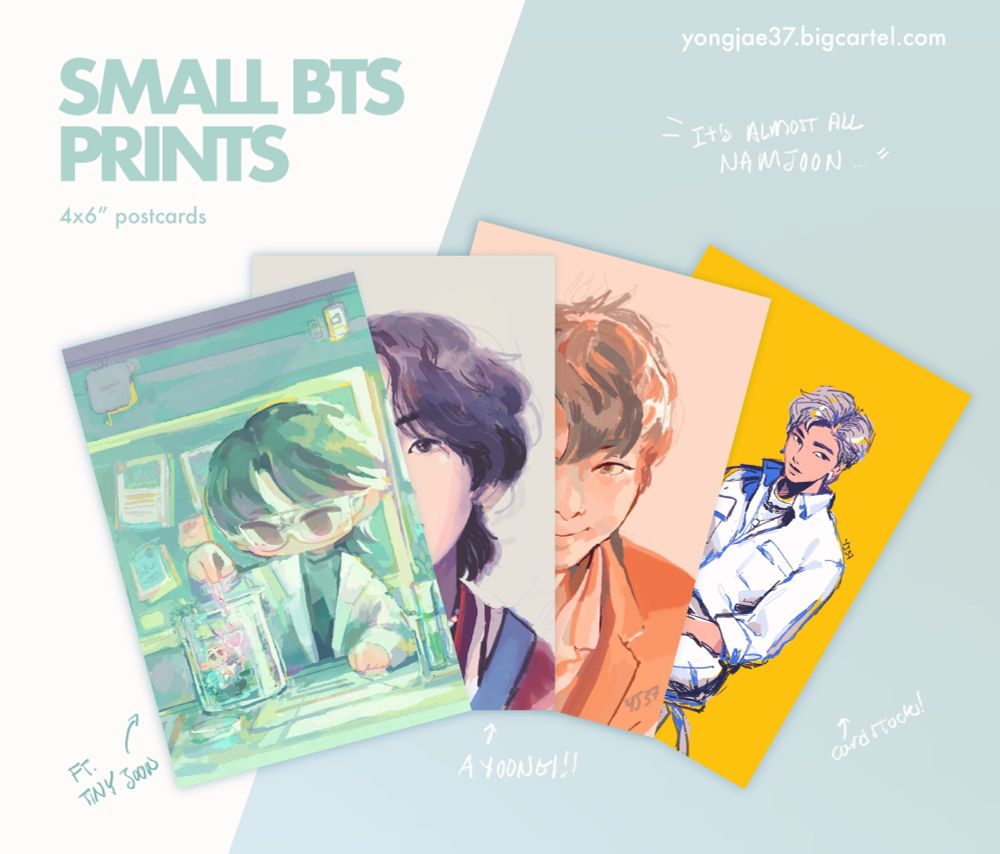Text says: small bts prints
“It’s almost all namjoon, and a yoongi 
It depicts 4 prints depicting a scientist joon, Marie Claire yoongi, love yourself namjoon and yet to come namjoon