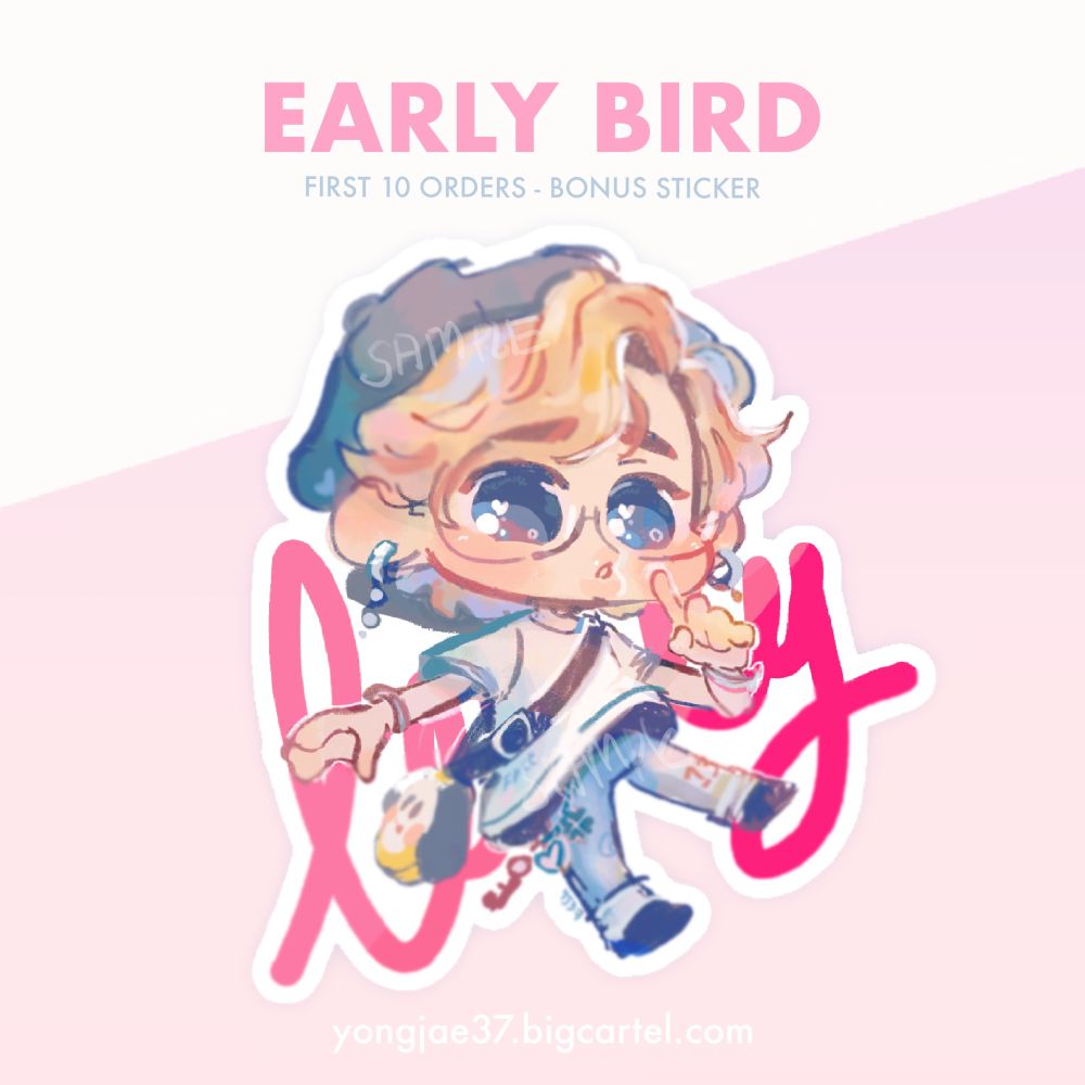 Text only says: Early bird. first 10 orders - bonus sticker. The sticker depicts blond jimin with a black beret. He’s wearing a white shirt, blue jeans ad a chummy themed cross body bag. The background says lovely 