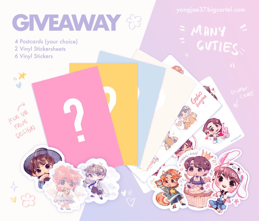 Colorful image depicting the giveaway bundle prizes with 4 mystery postcards on top, and 2 vinyl sticker sheet designs on the bottom. The image reads “GIVEAWAY” with doodles. It also include chibi stickers of Jin, Hobi, Tae and kook