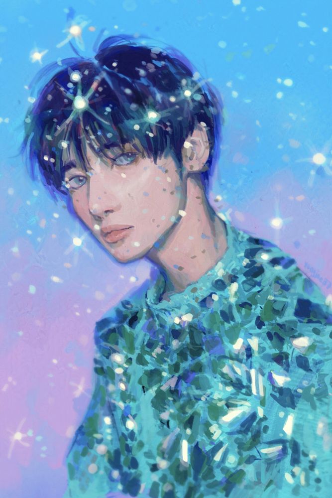 Digital study of Kang Taehyun in glittery green shirt as seen in Gravity concept photos