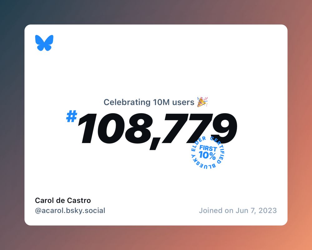 A virtual certificate with text "Celebrating 10M users on Bluesky, #108,779, Carol de Castro ‪@acarol.bsky.social‬, joined on Jun 7, 2023"