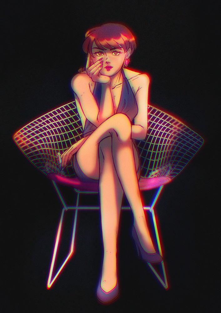 An illustration of the OP's OC, Kazue sitting on a Bertoia diamond chair. It has a gridded, wire backing with a hot pink seat. Kazue sits with her legs crossed, one arm propping her head, the other rested on her lap, a white queen chess piece between held between her fingers. She's wearing a pair of gold earrings with rubies embedded in the center, a dark dress with a plunging neckline, and matching high heeled shoes.