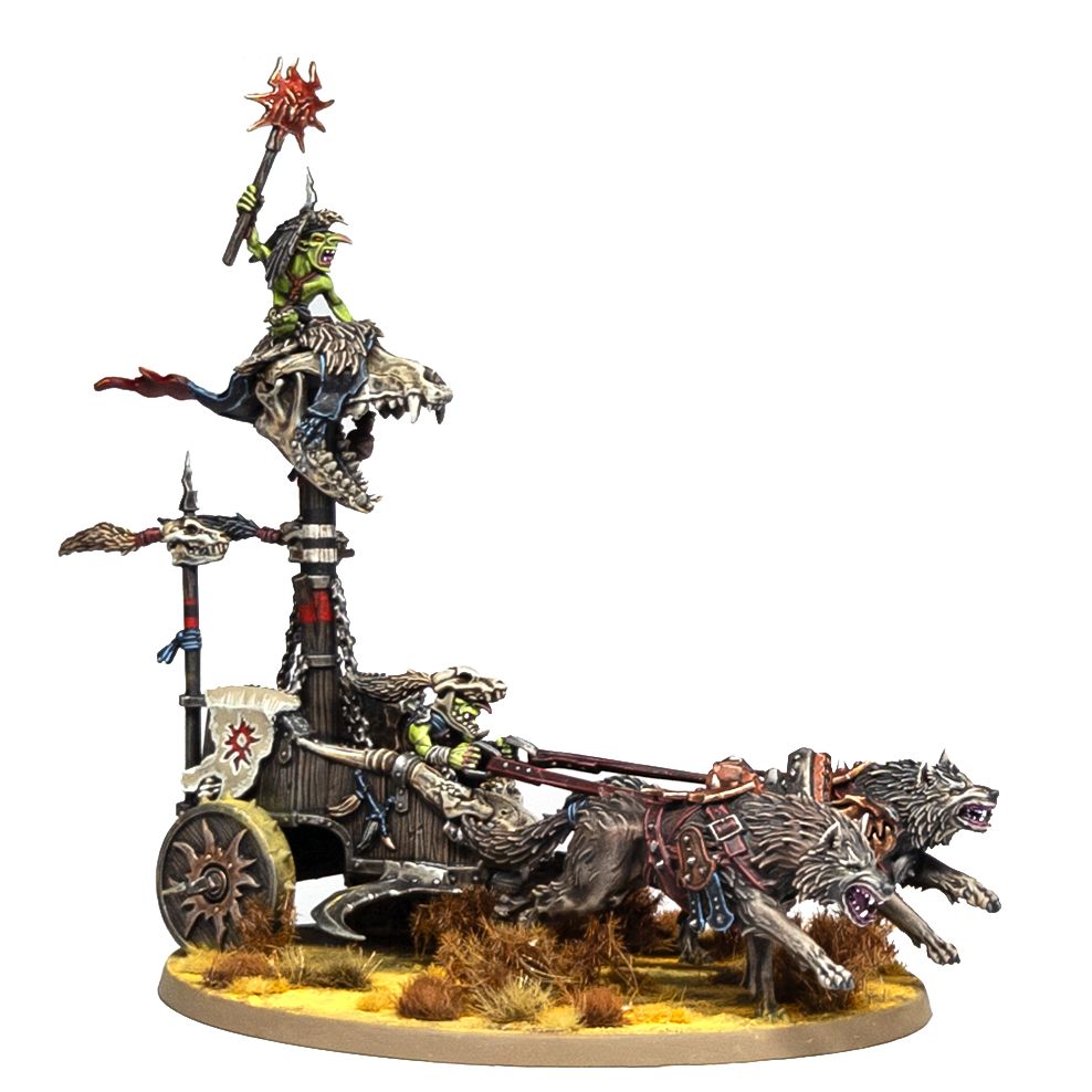 Warhammer model - a chariot towed by wolves and crewed by goblins. The chariot has a pole mounted on it, atop the pole a shaman rides a large beast skull