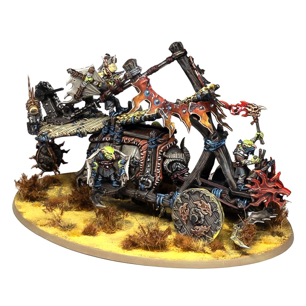 Warhammer model - a large catapult designed to fling goblins wearing homemade wings, mounted on a large cow-like creature