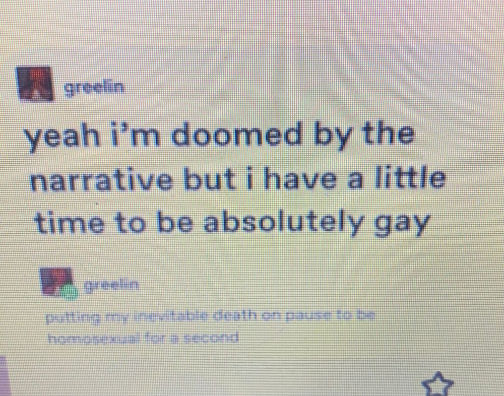 Screenshot from tumblr that says “yeah I’m doomed by the narrative but I have a little time to be absolutely gay” and “putting my inevitable death on pause to be homosexual for a second”