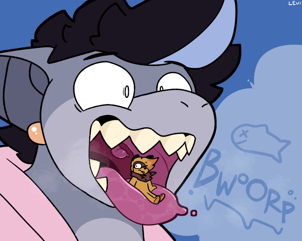 Rico (grey, shark) is holding Levi (bee, yellow) within his mouth. Rico's eyes are widened, as he is in the middle of letting out a pretty loud belch, his uvula wobbling. A cloud of fishy breath escapes his mouth as this happens, with an accompanying BWoORP alongside it. Inside of Rico's maw, Levi is chilling on Rico's tongue, looking back, reacting to the belch with a similar approach that you would to a sudden gust of wind.