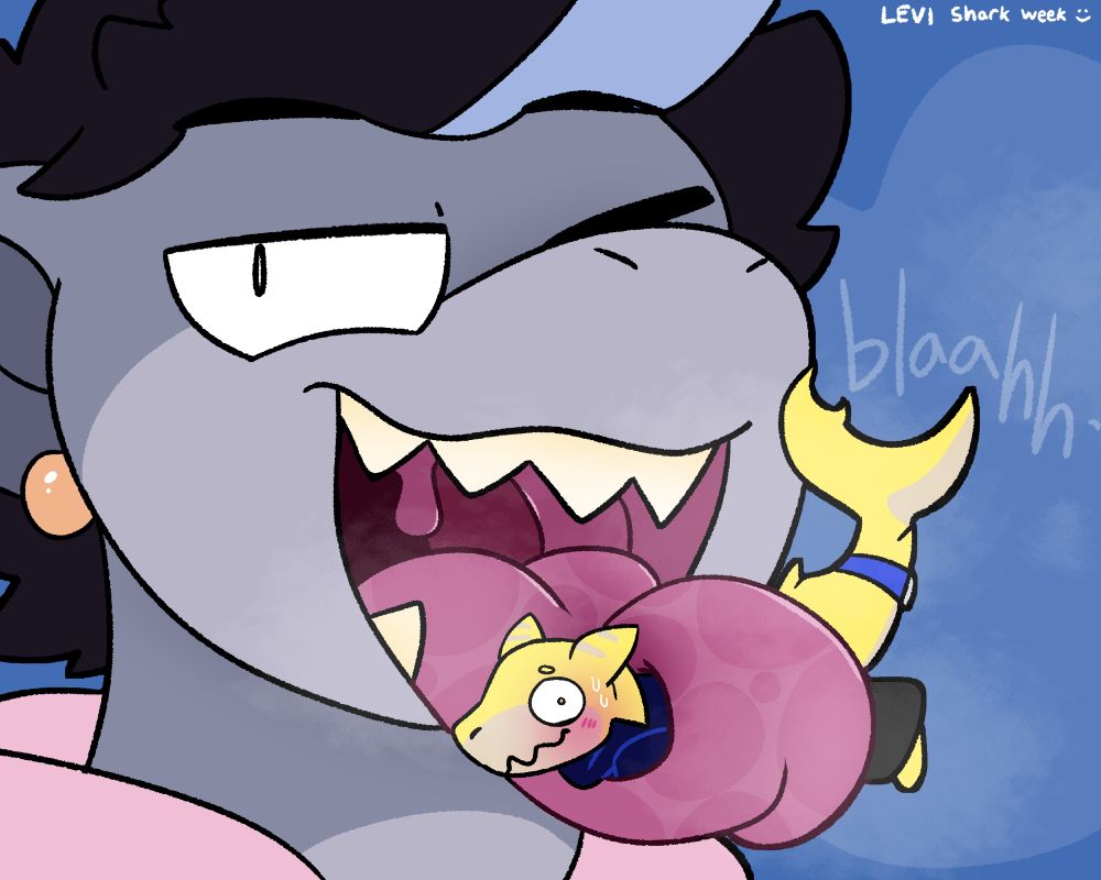 Rico (grey, shark) has Reef (yellow, shark) wrapped up in his tongue, huffing out a steamy "blaahh~" as he winks and smirks at the viewer, tongue sticking out. Reef is staring at the viewer with some blush, clearly enjoying yet slightly nervous about this predicament they are currently in.