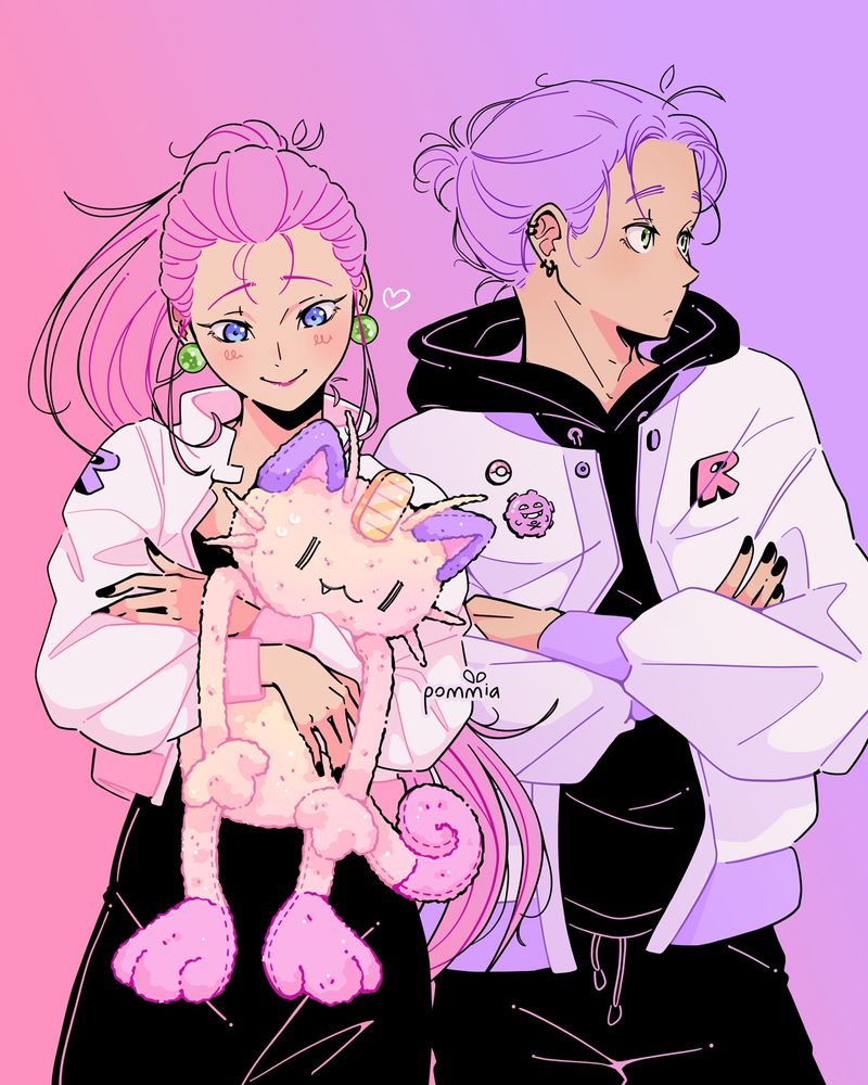 A fanart of Jessie, James and Meowth from Pokemon. Jessie is holding a Meowth plush. 