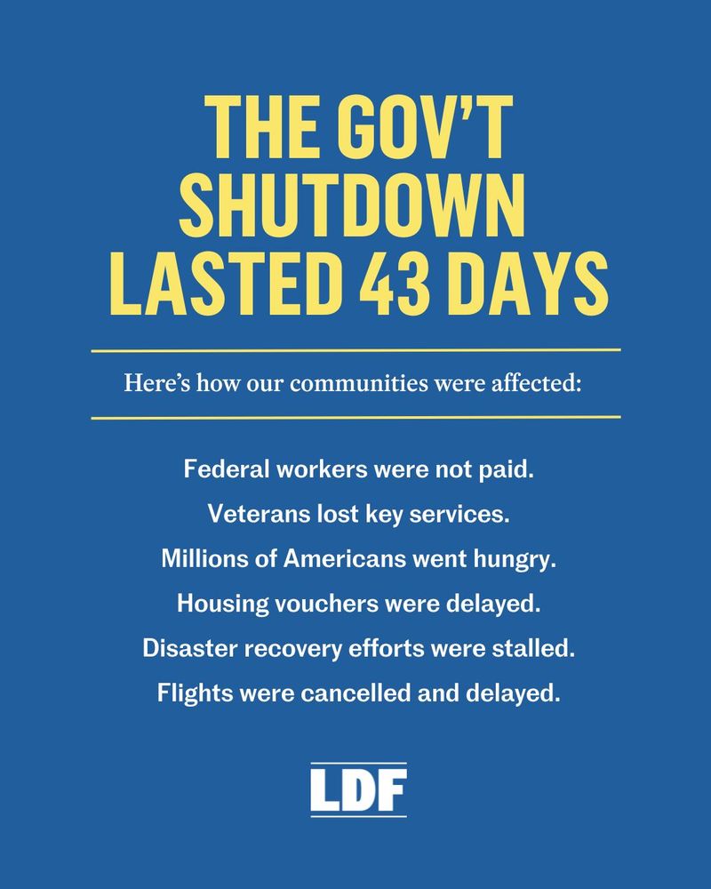 Poster highlighting impacts of a 43-day government shutdown including unpaid federal workers, hungry citizens, suspended housing vouchers, and stalled disaster recovery efforts. Logo of LDF at the bottom.