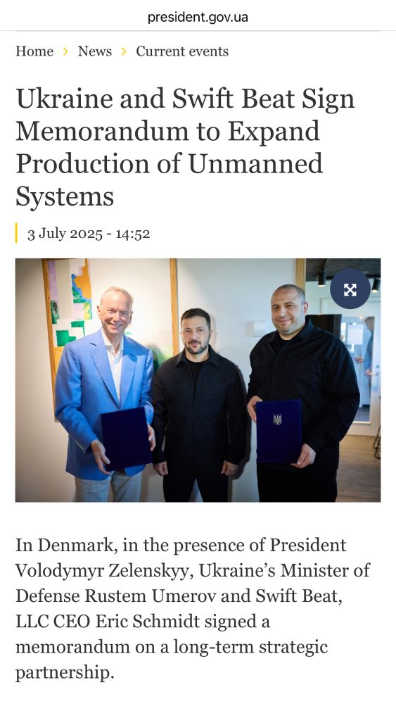 Screen grab shows an announcement of an agreement between Ukraine President Zelenskyy and Eric Schmidt’s Swift Beat LLC to produce drones that can intercept Russian Shaheds.