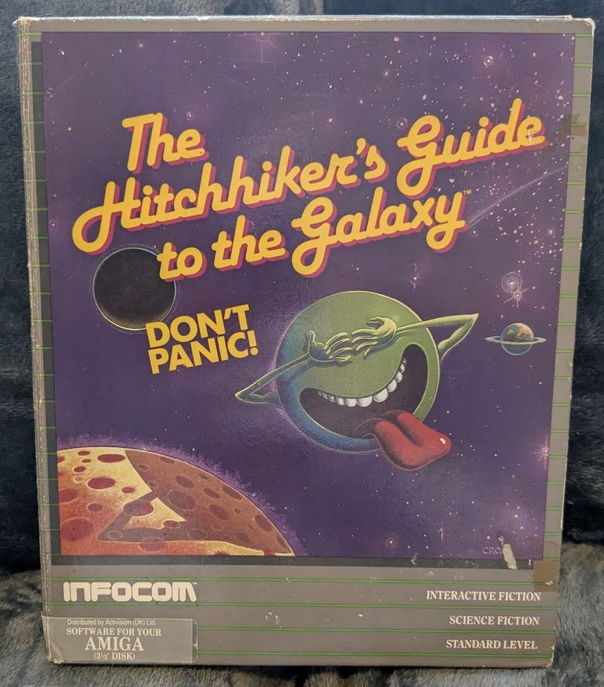 The box for the Infocom interactive fiction game The Hitchhiker's Guide to the Galaxy, Amiga version