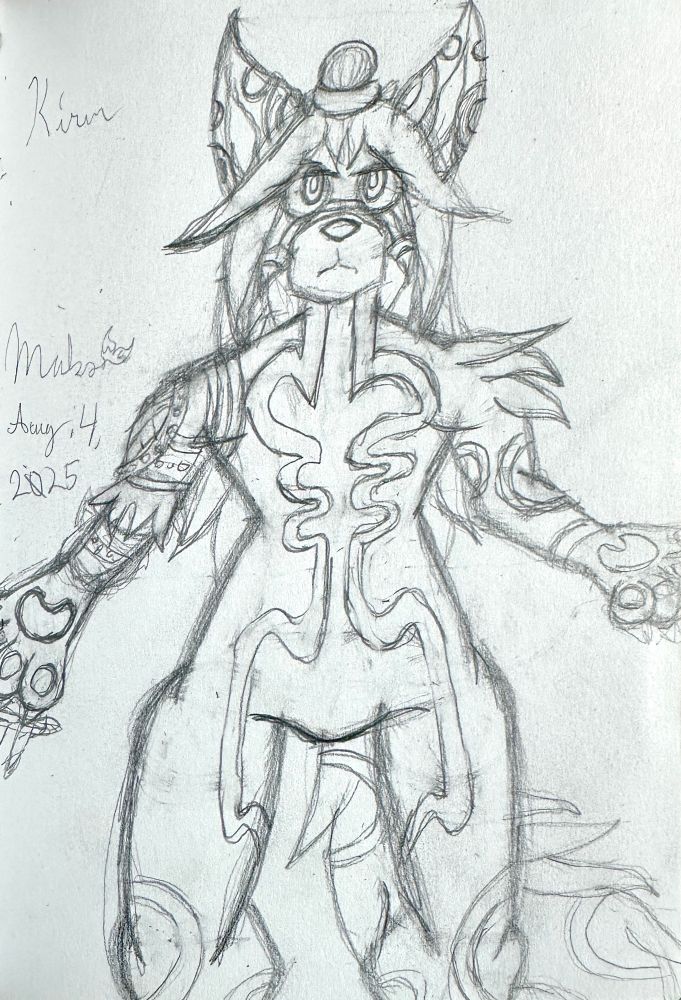 Furry oc with a prosthetic (?) left arm of the orengal pact from the game soulframe. They have long hair and curvy symmetrical fur patterns going down their body