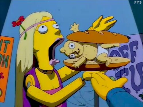 The Simpsons: a hippy is about to eat a sandwich that is just a baby between two pieces of bread.