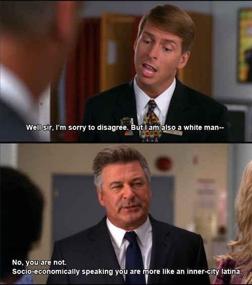 Scene from 30 Rock where Jack tells Kenneth, a white man, that socio-economically he's an inner city Latina.