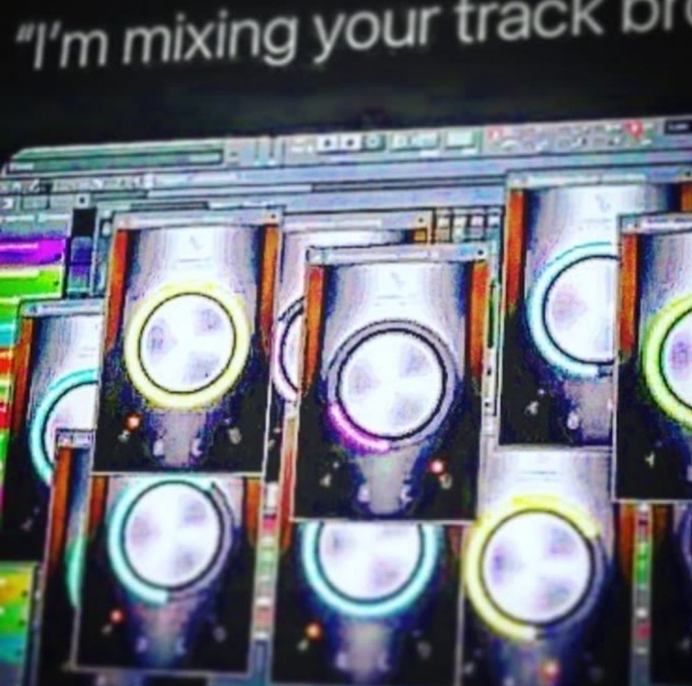 An image of an older version of FL Studio, presumably 11 with about 11 instances of Soundgoodizer open, all with different settings of compression presets and depth. The image is captioned with the quote "I'm mixing your track b..", which is cut off. By the comedic nature of this image it can be presumed that the last word is "bro". The person that supposedly captioned this image is coping with their inability to mix tracks by putting everything through Soundgoodizer, which really just destroys the sound of your track. The image is skewed slightly, giving the image a "I captured this by taking a picture with my phone" energy 