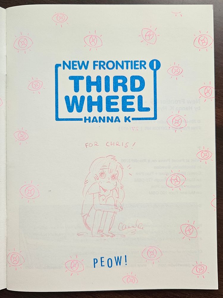 Inside cover of New Frontier with a red pencil drawing of the child from the cover hugging her knees and staring at the viewer. It says "For Chris!"